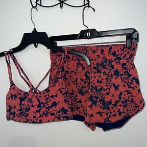 Navy & Coral Floral Strappy Sports Bra and Shorts Set